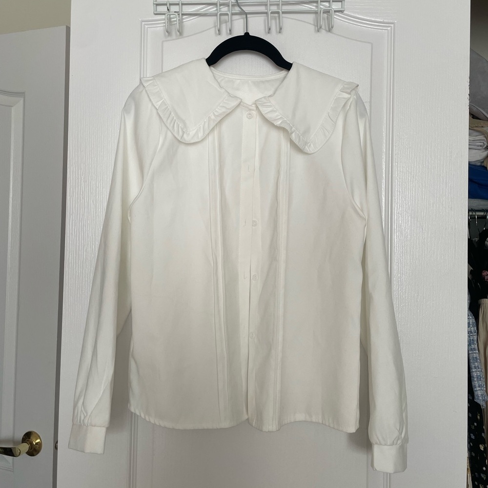 White Blouse with Ruffled Collar